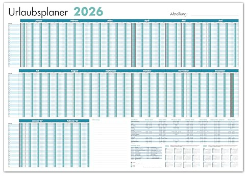 PRIMUS PRINT - Mitarbeiter Urlaubsplaner - Wandkalender 2026 - Monatskalender - A1-594x841mm - bis zu 20 Mitarbeiter - Urlaubskalender - inklusive Feiertagen - diverse Ausführungen [3x Gefalzt, Blau]
