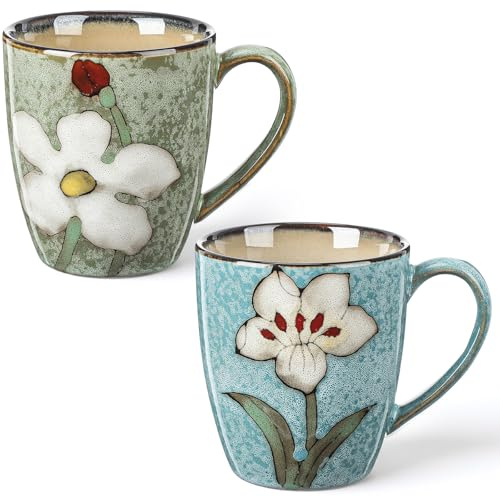Maxdot 2 Pcs 12oz Ceramic Coffee Mugs Sets Glazing Process Cappuccino Mug Floral Ceramic Tea Cups Mother's Day Idea Gift for Women Mom Porcelain Cup for Coffee, Cocoa, Tea, Latte (Fresh)