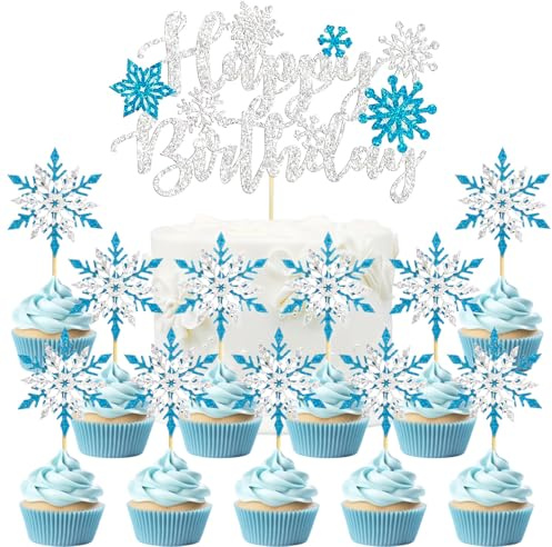 25 Pezzi Topper per Torte Fiocchi di Neve,Decorazioni per Torte Fiocchi di Neve Blu,SANYUANHE Cupcake Topper Addobbi Neve per Natale,Festa Invernale con Fiocchi di Neve,Regali Feste Bambini Natale