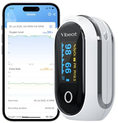 Rechargeable Pulse Oximeter Fingertip, Vibeat S6W Bluetooth O2 Monitor Finger with Real-Time Blood Oxygen Saturation & Heart Rate Tracking, Batteries and Lanyard Included