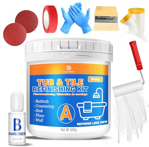 Tub and Tile Refinishing Kit, 500g Tile Paint Bathtub Paint White for DIY Bathroom Resurfacing, Ceramic / Porcelain Tiles, Glass, Marble Sinks Water Based Waterproof, Scratch Resistant with Tools