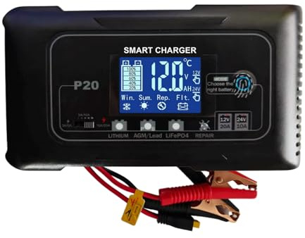 Chargeur et mainteneur de Batterie Intelligent 12V/24V 20A, Chargeur P20 4 Modes Lithium/AGM/Plomb-Acide/LiFePO4 avec écran LCD et réparation par impulsions, pour Voitures, Motos et Bateaux