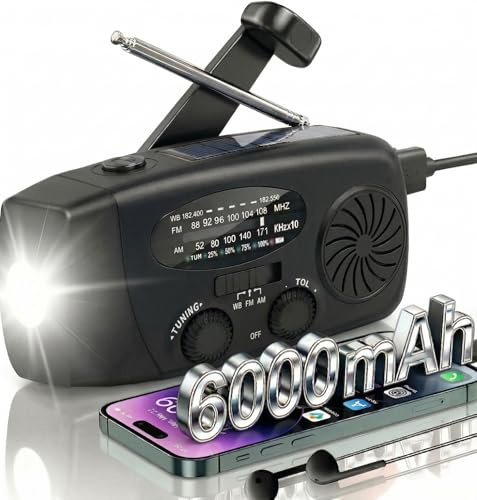 Radio Solar de Emergencia con Manivela 6000mAh, ZDAGELD Linterna LED Multifunción, Am/FM/NOAA Weather Radio, SOS Emergency Alert, para Supervivencia y Camping