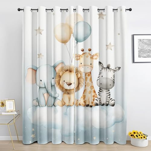 Generisch Vorhang Blickdicht Kinder Safari Tier, Vorhänge Löwe Giraffe Wildtiere für Schlafzimmer Gardinen mit Ösen H160 x B140 cm, Verdunklungsvorhänge für Wohnzimmer 2er Set XD34