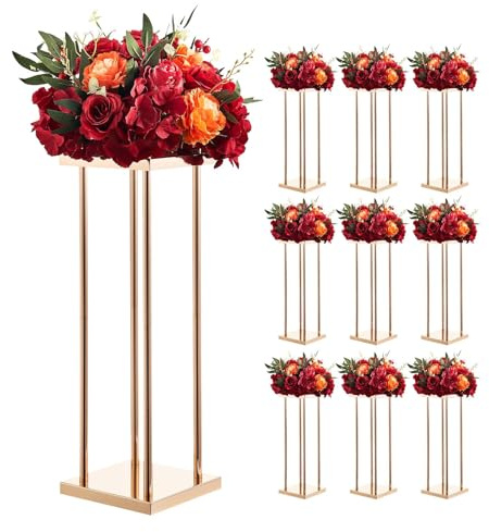 VEVOR Soporte Floral para Bodas, en Forma de Columna, con Laminado Metálico, Ideal para Bodas, Fiestas, Cumpleaños y el Hogar, Soportes Dorados Francés para Centros de Mesa, 200 x 200 x 600 mm, 10 uds