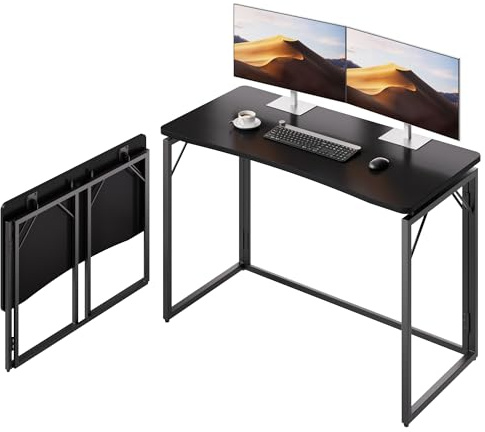 JOYMOOP 40 Black Folding Desk, No Assembly, Wooden Top, Middle Size | Foldable Desk for Work, Study, Writing | Ergonomic, Safe Corners | Hold 150 lbs, Foldable Table Built to Last | Glossy Top
