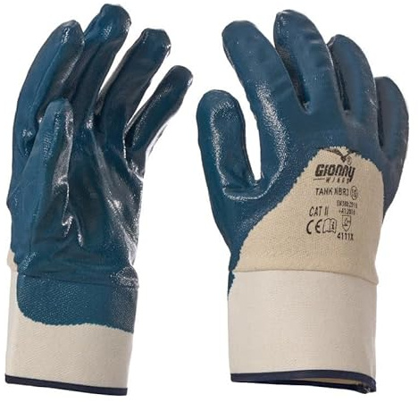 SADISRLS Guanti da lavoro blu/bianco NBR spalmati nitrile con manichetta e dorso areato, resistenti all'abrasione, oli, idrocarburi e agenti chimici con polsino di sicurezza, benzinai, tg. 9/10/11