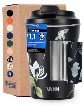 VANN Thermobecher 350ML - Kaffeebecher Auslaufsicher [6h kalt 3h warm] | Thermosbecher [BPA-frei] - Ideal als Teebecher und Kaffee für To Go - Spülmaschinenfest - Weiße Blume