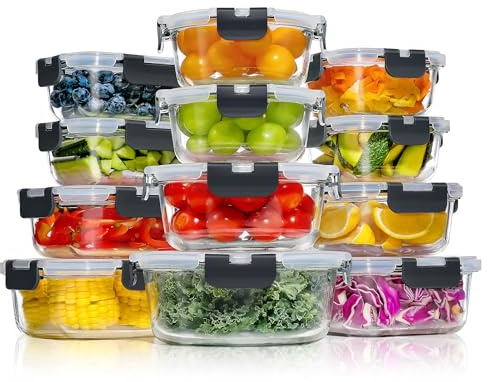 YASHE Glass Containers with Lids, 12 Pack Thick & Durable Food Containers - Stackable Airtight Glass Meal Prep Containers, BPA-Free Food Storage for Microwave, Oven, Freezer and Dishwasher, Black