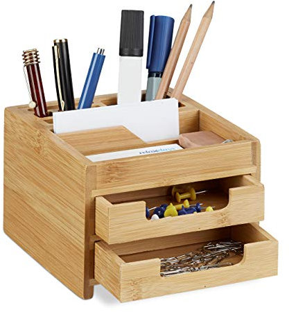 Relaxdays Schreibtisch Organizer Bambus, Stiftehalter Holz, Schreibtischbox Schubladen, HxBxT: 9,5 x 12,5 x 15 cm, natur