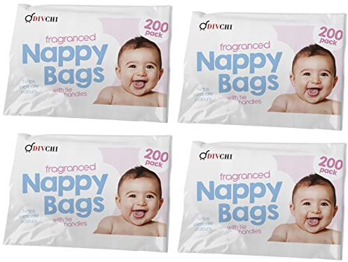 DIVCHI Lot de 4 paquets de 200 sacs à couches jetables pour bébé - Antibactérien - Parfumé - Faciles à nouer - Pour voyage