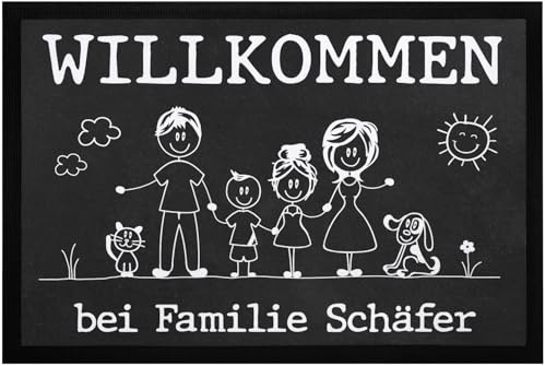 SpecialMe® Fußmatte Familie 1, 2, 3 Kinder & mehr + Hund, Katze personalisiert mit Namen Strichmännchen Weiss 60x40cm