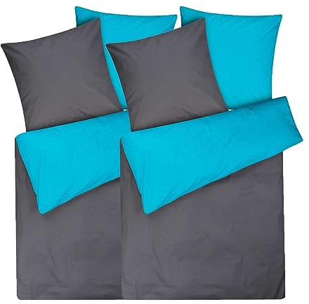 Moon Confezione da 2 biancheria da letto double-face in 100% cotone, 135 x 200 / 80 x 80 cm (antracite/turchese)