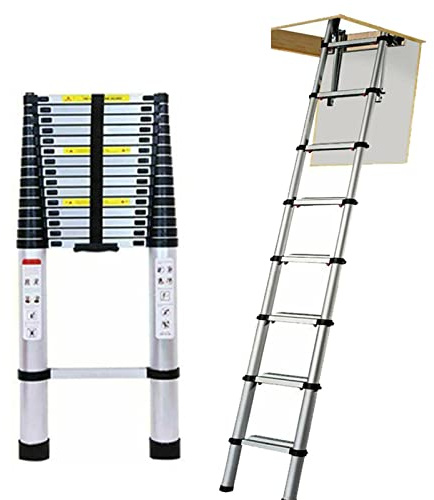Teleskop Leiter 2,6m, Aluminium Dachbodenleiter, Tragbare Ausziehbare Leiter, Aus Aluminium 150kg Tragkraft