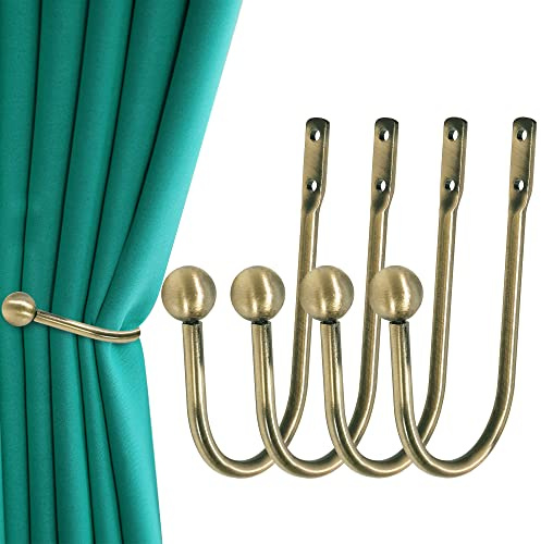Curtain Holdback, 4 Pcs Wall Mounted Drapery Tiebacks with Screws, Heavy Duty Metal Decorative Window Drapery Holder Curtain Hook, Brass