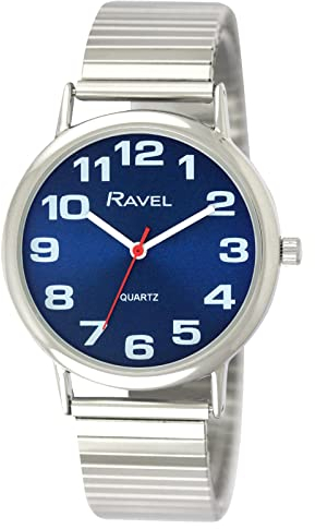 Ravel Women's Easy Read Watch with Big Numbers on Stainless Steel Expander Bracelet - Silver Tone/Blue Dial