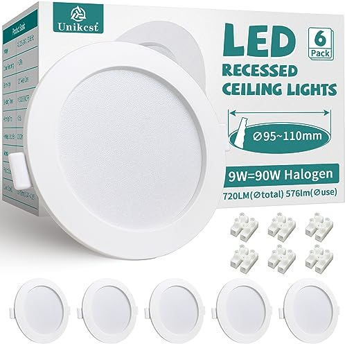 Unikcst 6X Recessed Ceiling Lights 9W Ultra Thin LED Downlights for Ceiling 240V 720lm Bright Spot Light Round Warm White 3000K Spotlights for Living Room Bedroom Kitchen