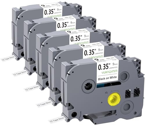 Kompatibel mit Brother Ptouch Bänder 9mm TZe221 Schwarz auf Weiß Laminiert | Tze Tape 0,35 TZe-221 TZ221 TZ-221 Schriftband für PT-D400 PT-H100LB PT-H105 PTD200 1000 PT-H110 PT-H101 H107B D210, 5er Pack