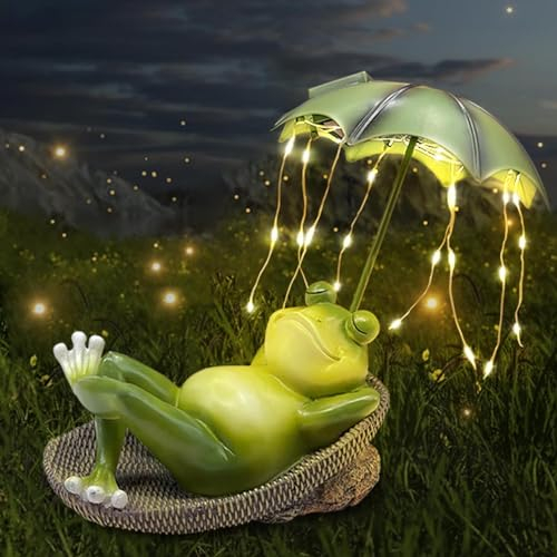 Umikk Figuras de rana para exteriores, decoración solar para jardín, figuras ornamentales con solar, resistente al agua, decoración de jardín con luz de paraguas, estatua de rana para exteriores,