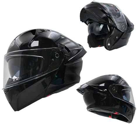 RYDZCLH Casques De Moto Intégraux Dot – Double Visière Rabattable, Casque De Moto Modulaire Ouvert, Casques De Vélo, Casques De Moto pour Hommes Et Femmes,Bright Black,XL 59~60cm