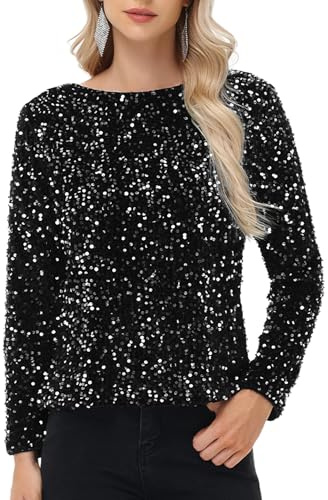 Anna-Kaci Women's Sequin Tops Sparkly Long Sleeve Glitter Evening Party Concert Shirt Blouse, Black and Silver, Medium