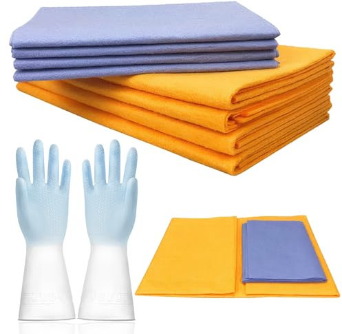 Neyeau 8PCS Ultra-Absorbent Cleaning Cloth,Reusable Super Absorbent Cloth,Multi-Purpose Cleaning Cloths for Home All Purpose with 1 Pair Gloves,for a Variety of Cleaning Scenarios (4 Yellow/4 Blue)