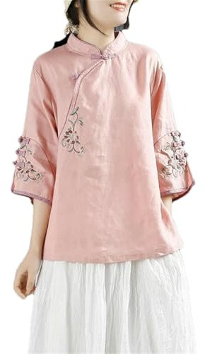 BoShiNuo Chemise chinoise en coton et lin pour femme Printemps Été Col montant boutonné Revers oblique Brodé Service à thé, rose, XS