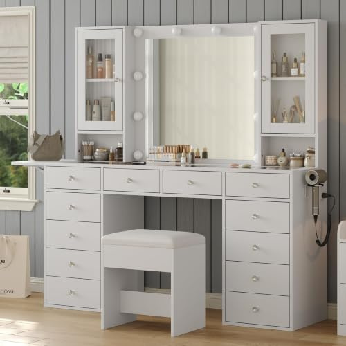 FUSOU Dressing Table with Mirror and LED Bulb Lights, Vanity Desk with 12 Drawers, 2 Cabinet, Fold-up Panel, Makeup Desk with chair for Bedroom, Transparent Glass Top, White