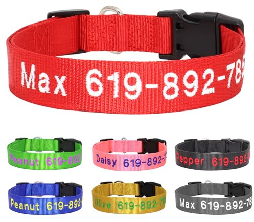 Personalisierter bestickter Verstellbarer Nylon‑Hundehalsband, Rot | Custom embroidered name & phone; 5 sizes XS‑XL, sturdy & durable, with quick‑release buckle, fits all dog sizes