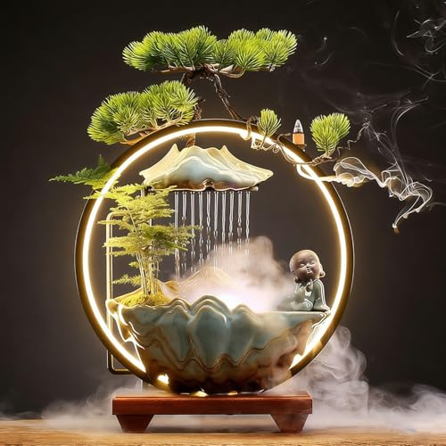 Adorno De Cascada De Mesa, Fuente De Escritorio con Luz Led, Fuente De Escritorio para Meditación con Fuente De Niebla con Plantas Falsas Decoración del Hogar De Oficina Feng Shui Atype