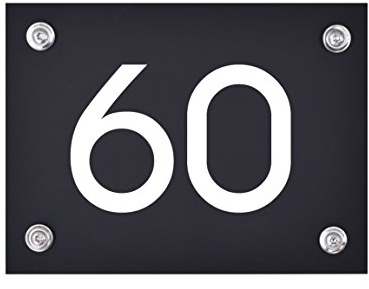 Hausnummer Schild 60 aus Acryl, Hausnummernschild in schwarz | Hochwertiges, wetterfestes Hausnummern-Schild in weißer Schrift inkl. Befestigungszubehör, rostfrei und UV-beständig