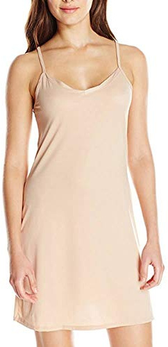 LLZ.COQUE Women's Slinky Strappy V-Neck Full Slip Petticoat Ladies Sexy Nightdress Chemise (Beige, 2XL)
