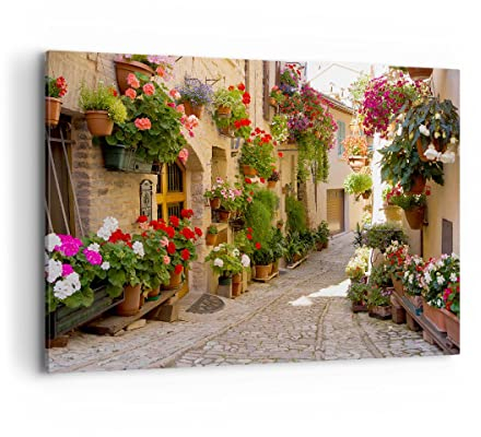 Wandbilder Dekoration Wohnzimmer Blume Straße Haus Bilder auf Leinwand 120x80cm Leinwandbild Schlafzimmer Küche Deko Wand Kunstdruck Art Groß XXL Wanddeko Bild Wall Decor Canvas AA120x80-3586
