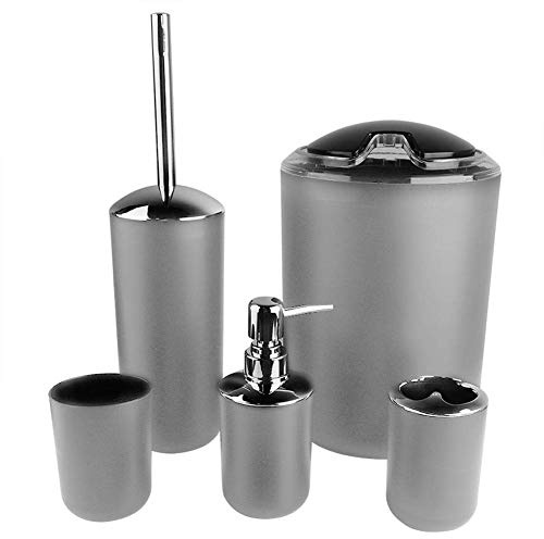 6tlg Badset Badezimmer Zubehör Set, Bad Accessoires Set Bad Badezimmer Toiletten Accessoires Set Seifenspender Zahnbürstenhalter Seifenschale Becher Set (grau)