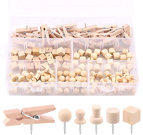 Swpeet 135Pcs 6 Types d'épingles à Pousser en Bois Kit d'assortiment, épingles à tête en Bois Pinces à Pouce en Acier Pinces à Pousser pour Planches de liège Carte Photos