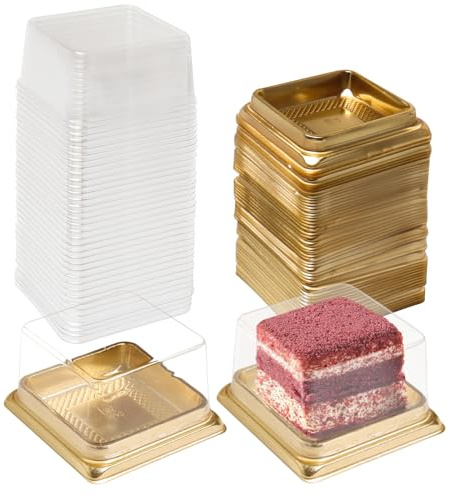wexpw Single Clear Mooncake Box, 50 Pack Individual Mini Cupcake Boxes Container Plastic Transparent Mooncake Box Cake Cookies Muffins Box, Square Gold