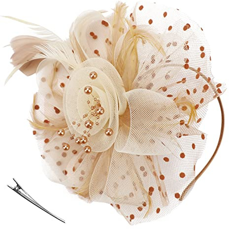 DRESHOW Fascinators Hatt Blomma Mesh Fjädrar på Pannband och Gaffel Clip Cocktail Teparty Huvudbonad för Flickor Kvinnor