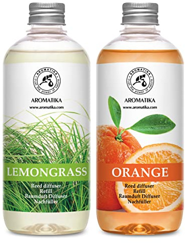 Raumduft Diffuser Nachfüller Lemongrass & ORANGE 1L - 2x500ml - Nachfüller Set für Duftdiffusor - Reed Diffuser Refill - Raumbeduftung - Zimmerduft - Diffuser Nachfüllen - Raumluft