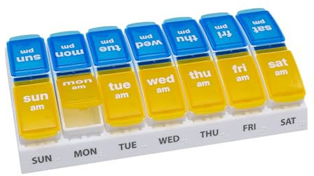 EZY DOSE Weekly AM/PM Pill Organizer, 7-Day Vitamin and Medication Box with Large Pop-Out Compartments, 2 Times a Day Pill Holder for Easy Dosing, Yellow and Blue Lids, Travel-Friendly Design