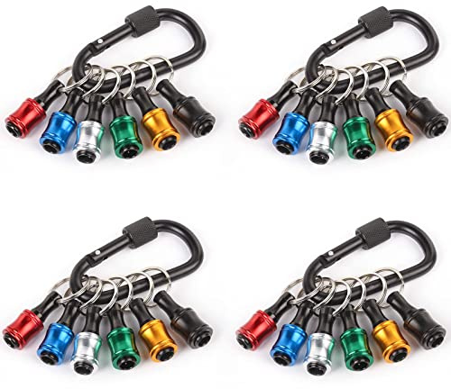 Katerk Portable 1/4 in Hex Shank Drill Bit Holder 4 Sets (24 pcs), Light-Weight Extension Bar Keychain Adapter, Quick-Change Screwdriver Bits Retainer for Tool Pouch (6 Colors Black Carabiner)