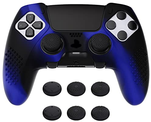 PlayVital 3D Studded Edition Anti-Slip Silicone Cover Case for ps5 Edge Controller, Soft Rubber Protector Skin for ps5 Edge Wireless Controller with 6 Thumb Grip Caps - Blue & Black