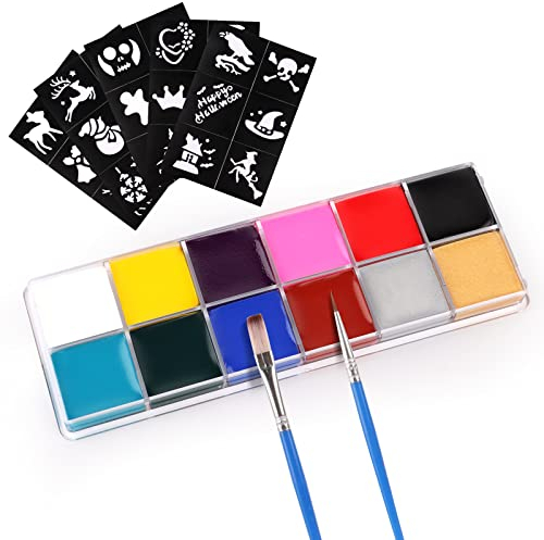 KEWUZY Pintura Facial, Pintura Corporal, 12 Colores Pintura de Cara para Niños, Pintacaras Infantil con 2 Pinceles 30 Tatuajes Plantillas, Pintura de Maquillaje para Halloween Fiestas Cosplay