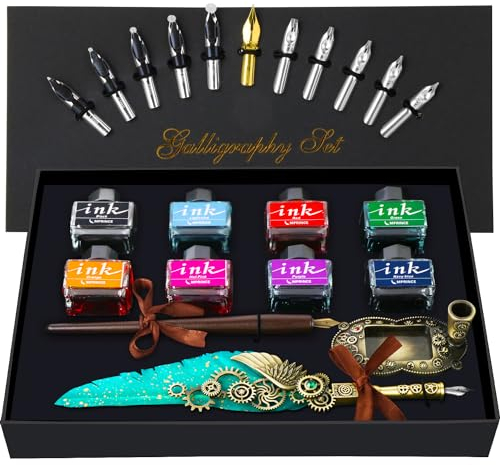 Kalligraphie Stift Set einschließlich Quill Stift, Holz Dip Stift, 8 Flaschen mit verschiedenen Farben der Tinte, 13 Edelstahl Federn in verschiedenen Größen, Stifthalter, Umschlagpapier