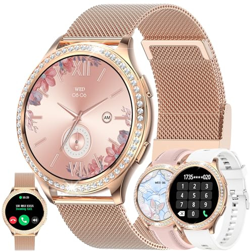 Smartwatch Damen mit Telefonfunktion, 1,32 Diamant IP68 Wasserdicht Sportuhr mit 123 Sportmodi, Blutdruckmessung, Herzfrequenz, Schrittzähler, 3 Uhrenarmband, Fitnessuhr für iOS Android (Gold)
