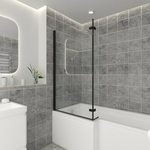 NRG L-förmige Badewannenabtrennung mit klappbarem Rücklauf, schwarz, gerahmt, 6 mm Sicherheitsglas, 800 x 1400 mm