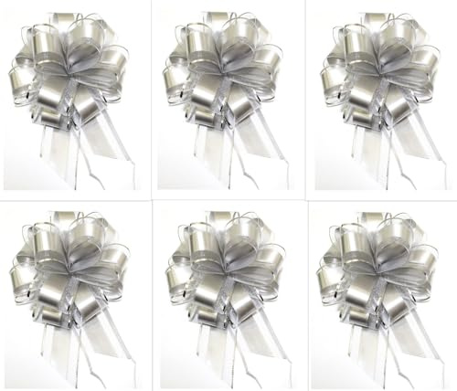 CaPiSo 18cm Große Ziehschleife Large Pull Bow Zugband Polyband Dekoschleife Geschenkschleife für Geschenke für Tüten Zuckertüten Basteln Dekorieren Verzieren (Silber, 6 Stück)