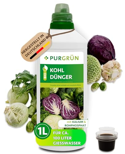 Purgrün® Bio-Kohl-Dünger 1 Liter – Hoher Ertrag dank extra Phosphor – Bio & Vegan – Premium-Flüssigdünger – Ohne tierische Inhaltsstoffe – Ergiebiges Konzentrat für 100 Liter Wasser