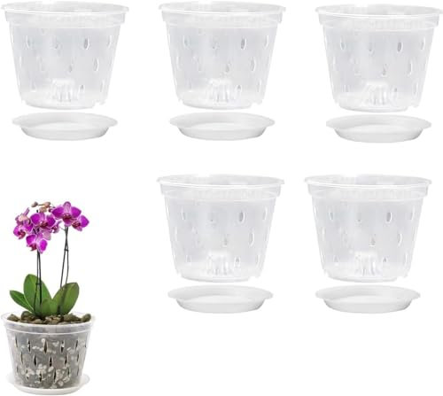 Blanketswarm Maceta para Orquídeas, Paquete de 5, 5 de Cada Uno de 5, Maceta para Orquídeas de 6,7 Pulgadas con Orificios de Drenaje Y Platillos, Macetas de Plástico Transparente para(5IN)