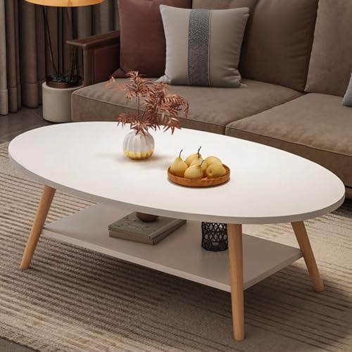 Anmas Power Mesa de centro de doble capa, mesa auxiliar de madera, mesa de salón ovalada, patas de madera de pino, mesas de sofá (100 x 50 x 40)