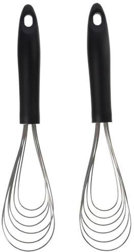 hobbyme Lot de 2 fouets plats en acier inoxydable, poignée en caoutchouc multifonction, design ergonomique antidérapant pour cuisine, restaurant, mélange, œufs (noir)